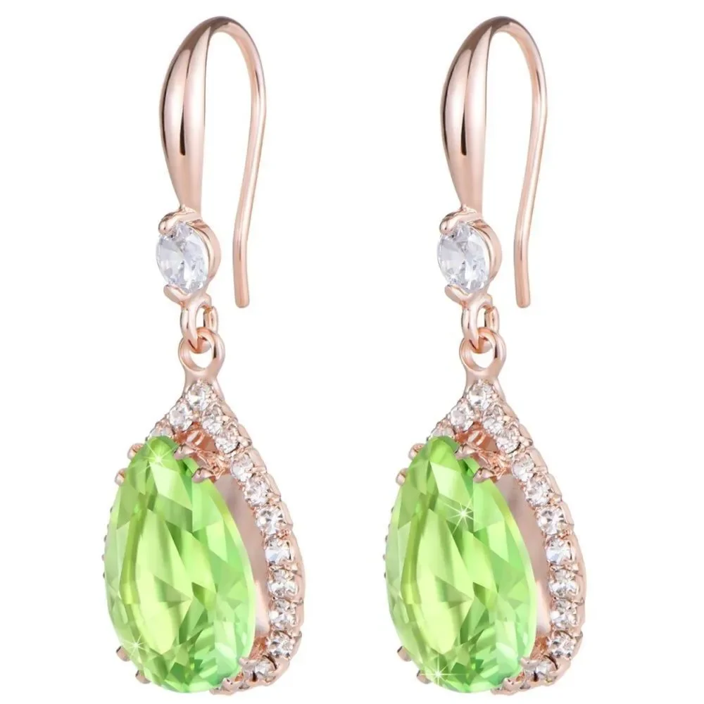 14K Rose Gold with Peridot Green Cubic Zirconia Teardrop Hook Dangling Earrings